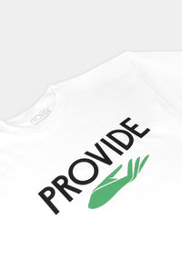 Provide white tee with large chest print of wordmark and green hand logo (close up)