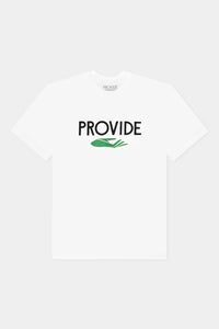 Provide white tee with large chest print of wordmark and green hand logo (front)