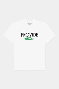 Provide white tee with large chest print of wordmark and green hand logo (front)