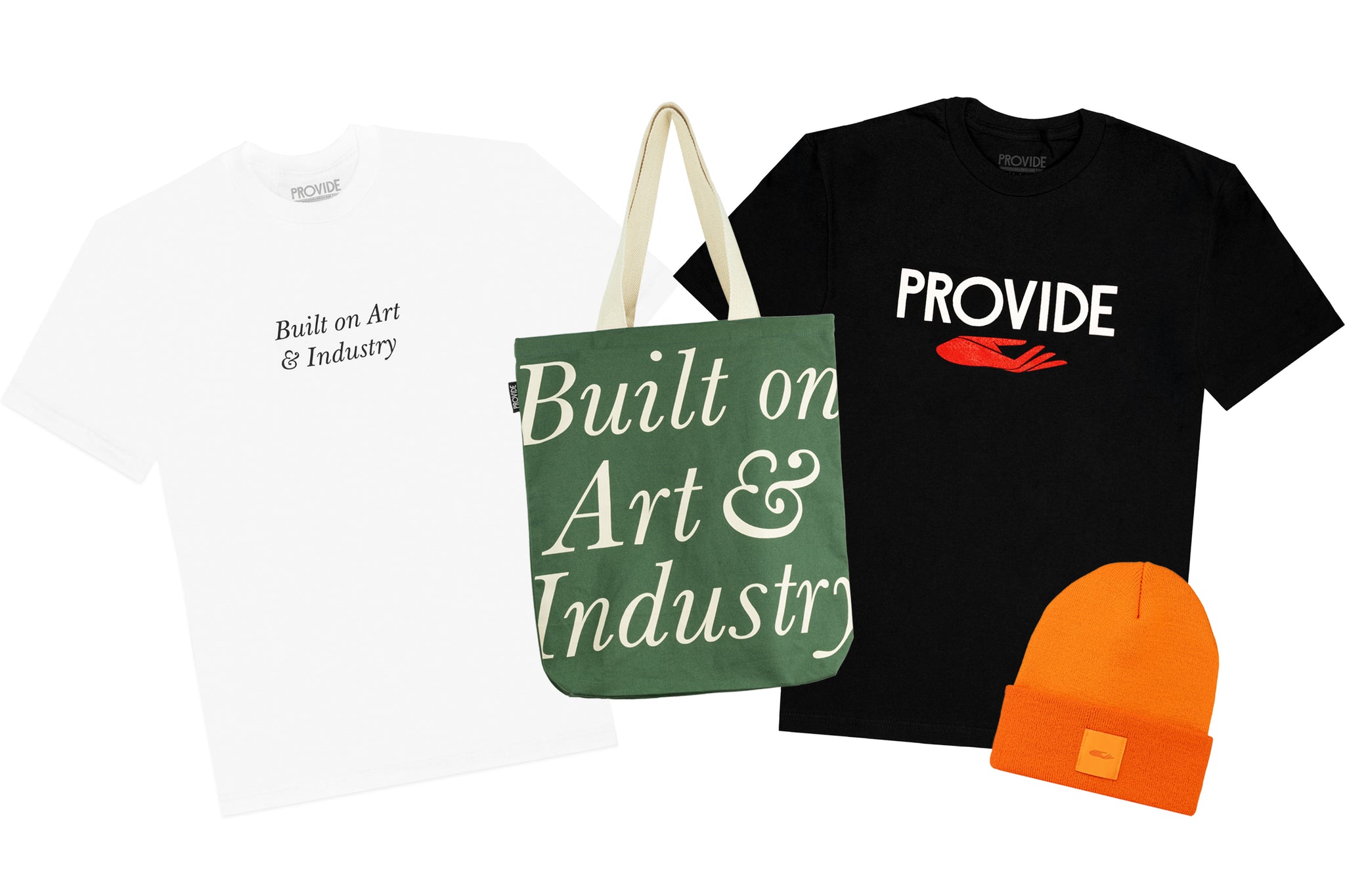 Provide's Art & Industry white tee, tote bag, black logo tee and orange logo beanie.