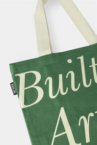 Provide Built on Art and Industry green Tote Bag with hand logo (close up)