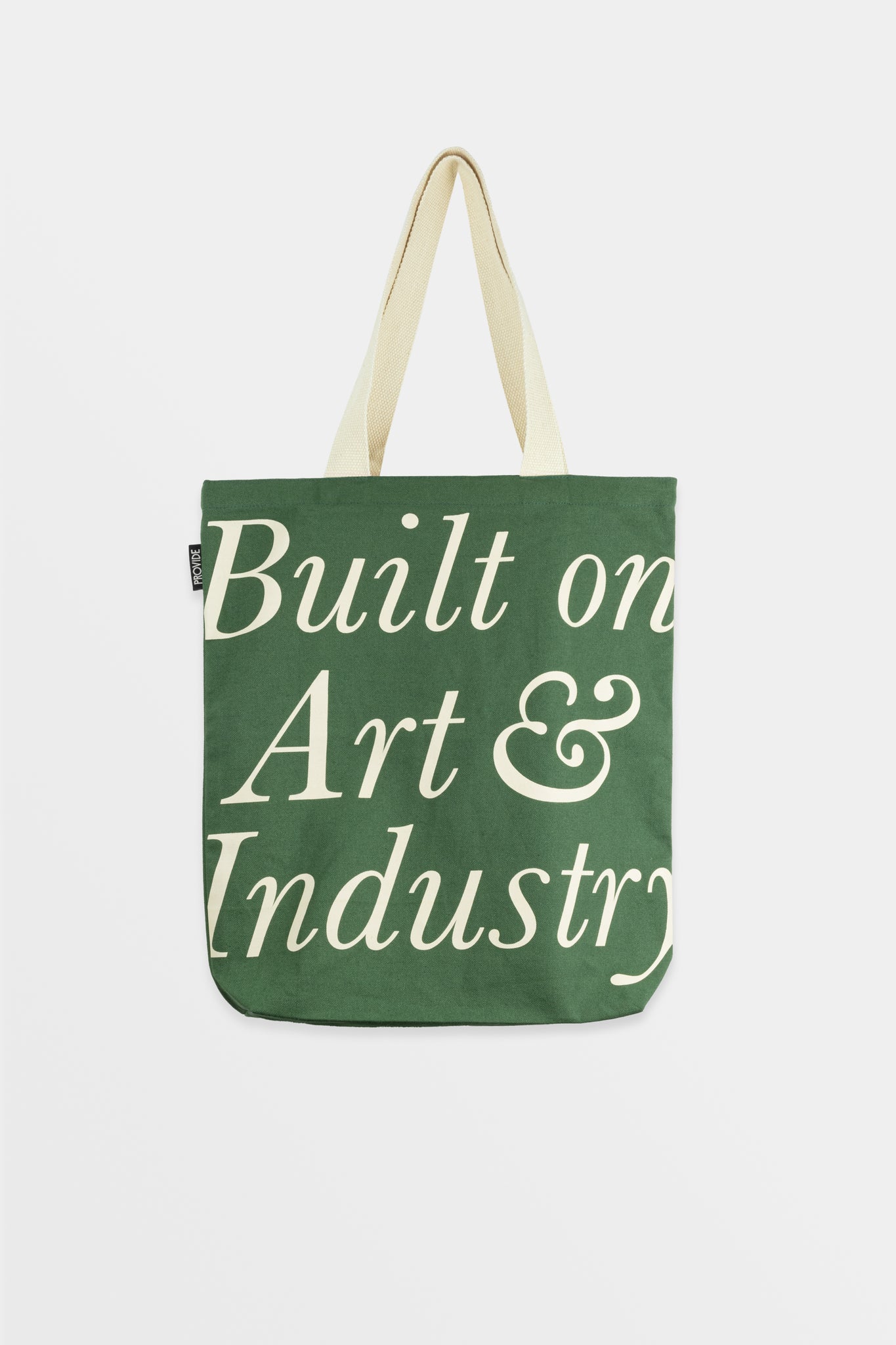 Provide Built on Art and Industry green Tote Bag with hand logo (front)