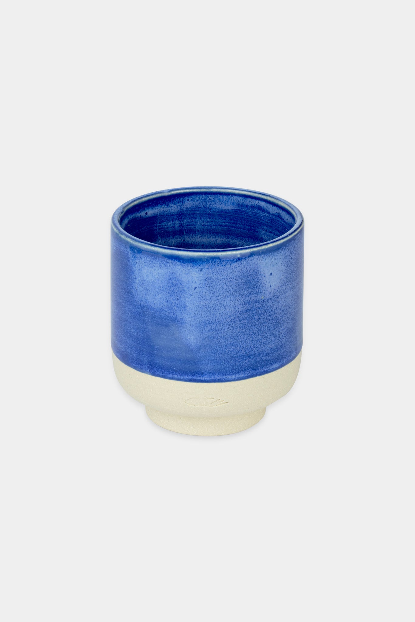 Provide blue glazed ceramic cup with hand logo imprint