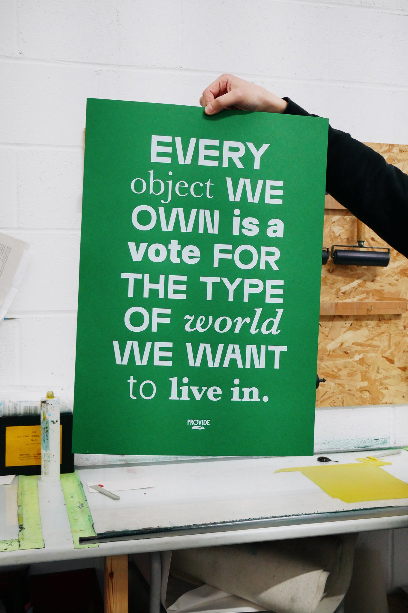Provide's Manifesto Art Print, printed on lockwood green Colorplan 350gsm paper.