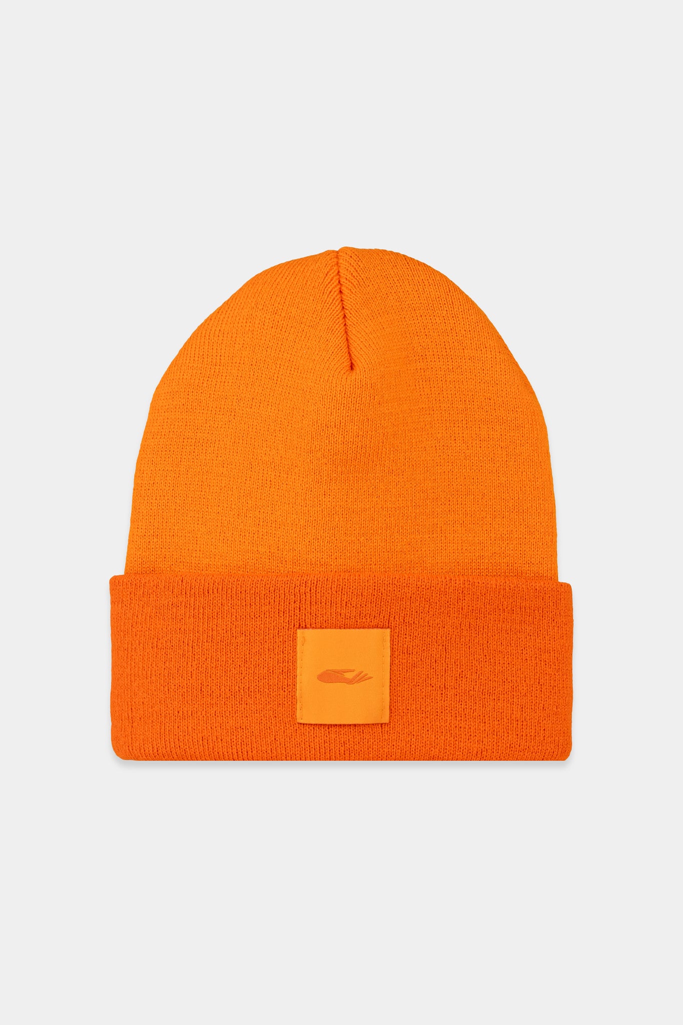 Provide orange beanie with hand logo patch stitched on to front (front)