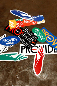 Provide mixed sticker pack containing hand logo and wordmark stickers