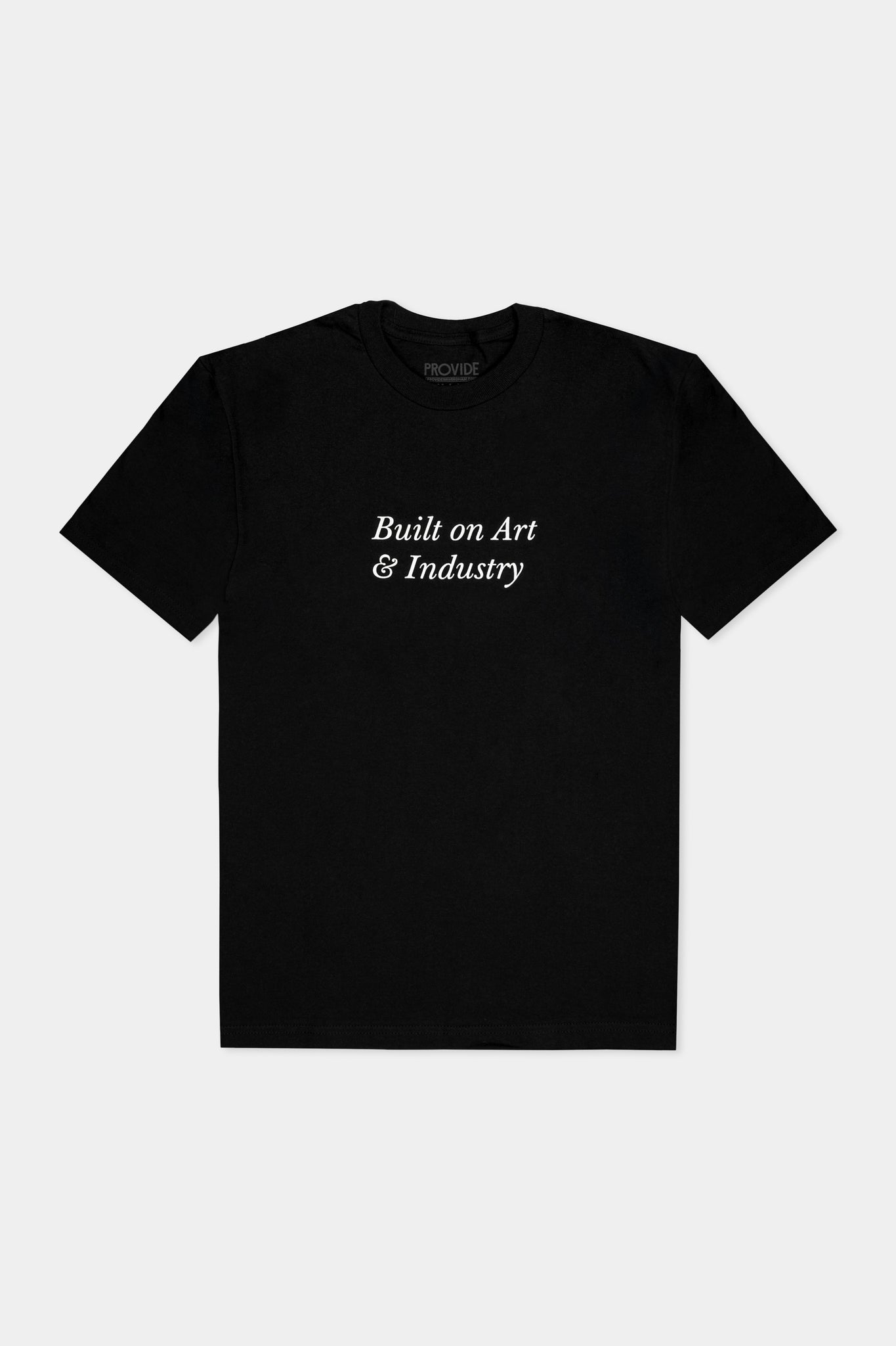 Provide black Tee with large Built on Art and Industry chest print (front)