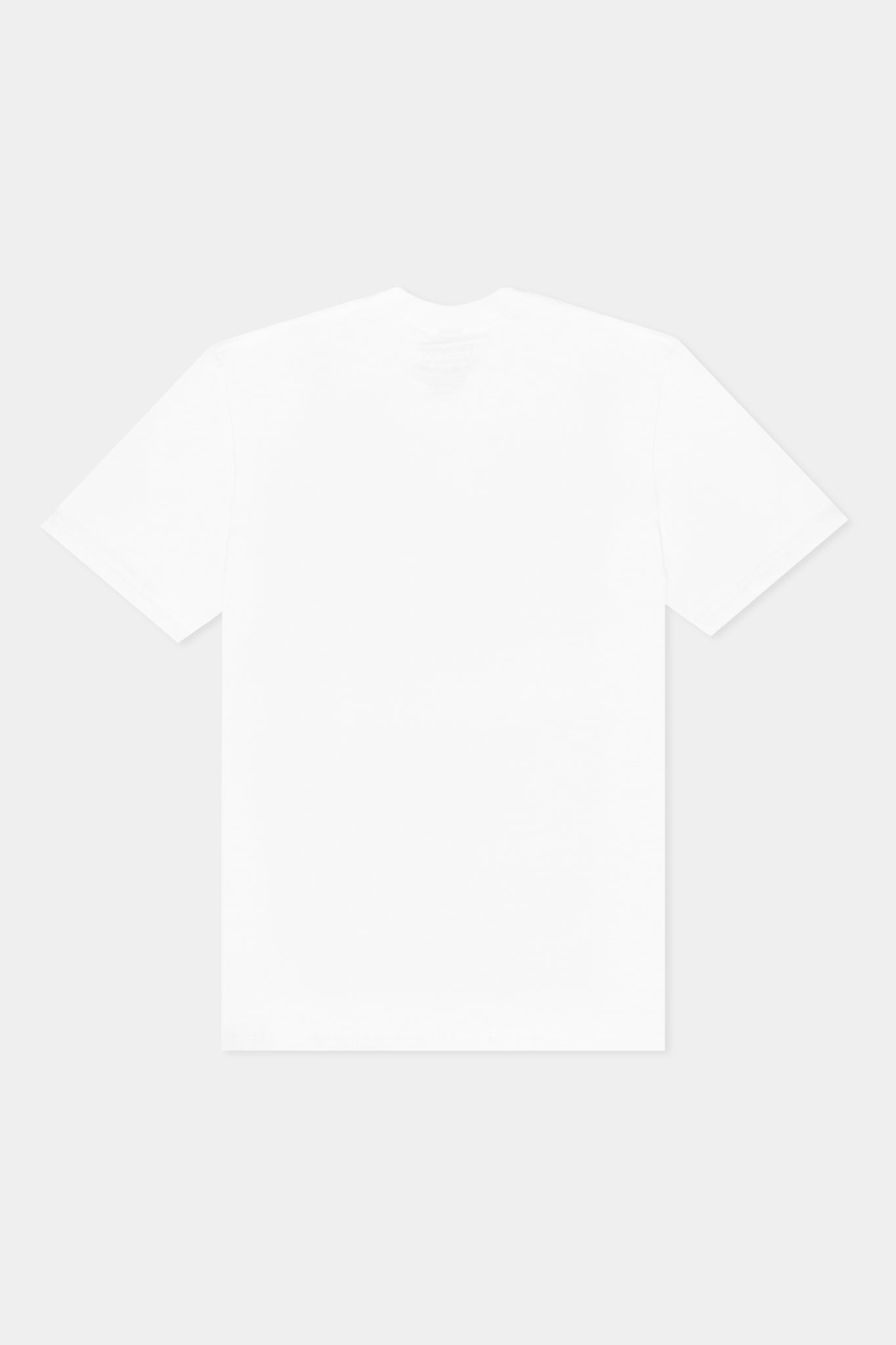 Provide white Tee with blue oval hand logo on right chest (back)