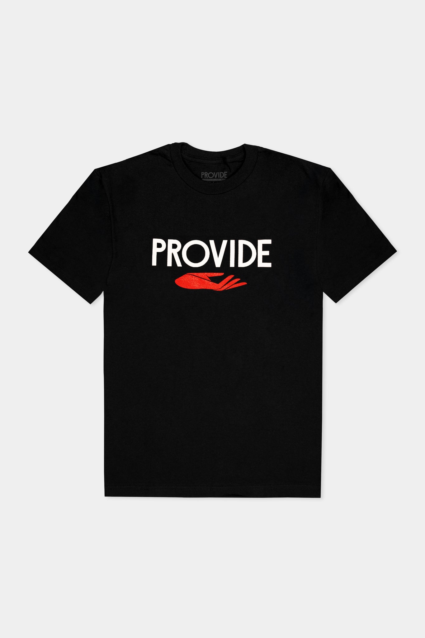 Provide black tee with large chest print of wordmark and red hand logo (front)