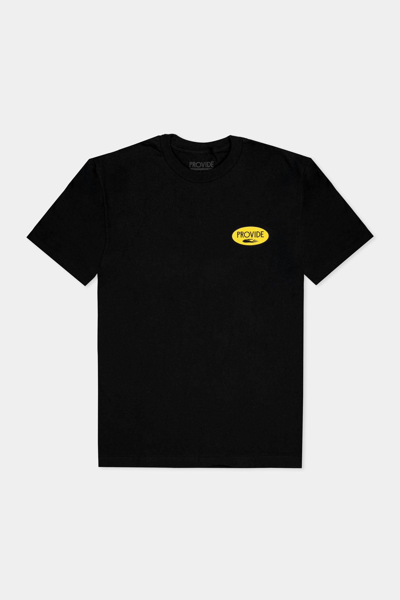 Provide black Tee with yellow oval hand logo on right chest (front)