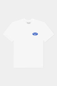 Provide white Tee with blue oval hand logo on right chest (front)
